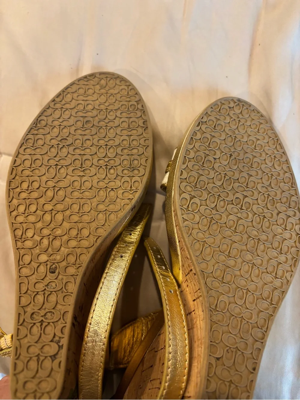Coach Vintage Metallic Gold Chain-Trim Cork Wedges